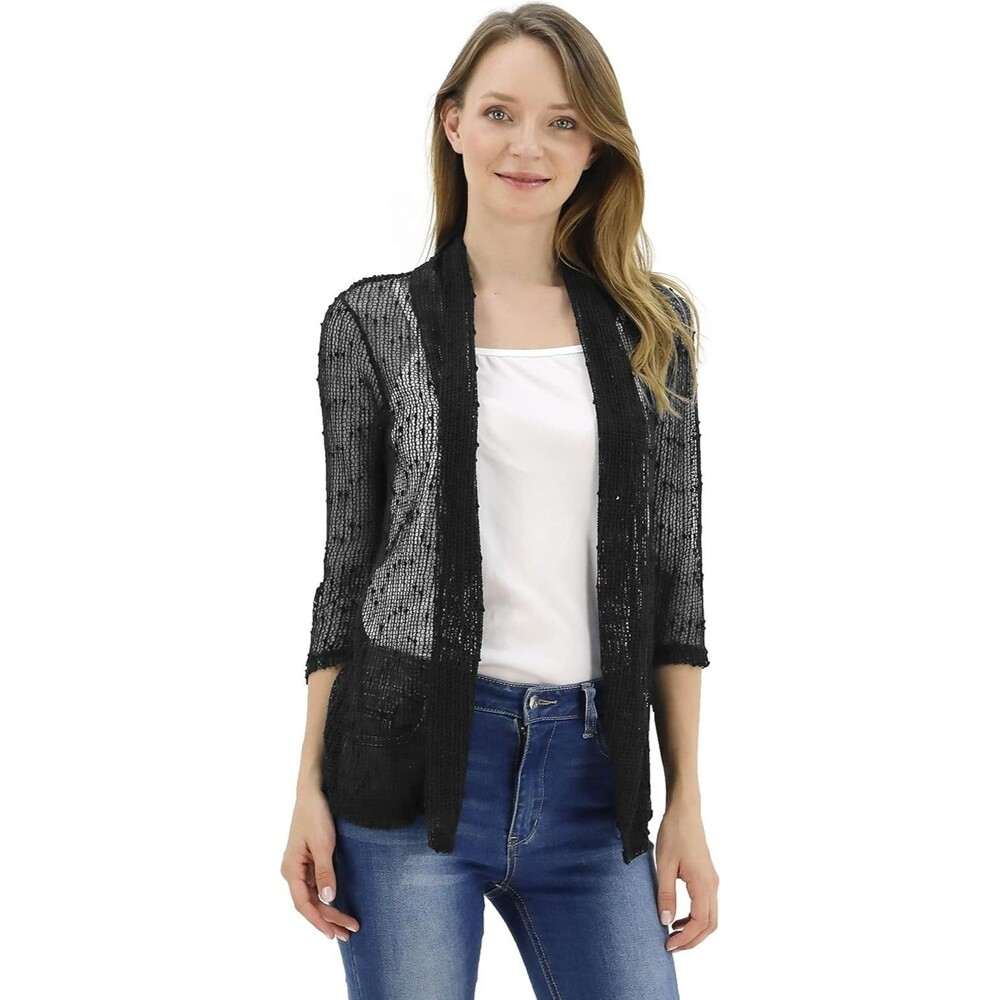 BENANCY Women's Short Shrug Cardigan LARGE Navy 3/4 Sleeve Lightweight Crochet